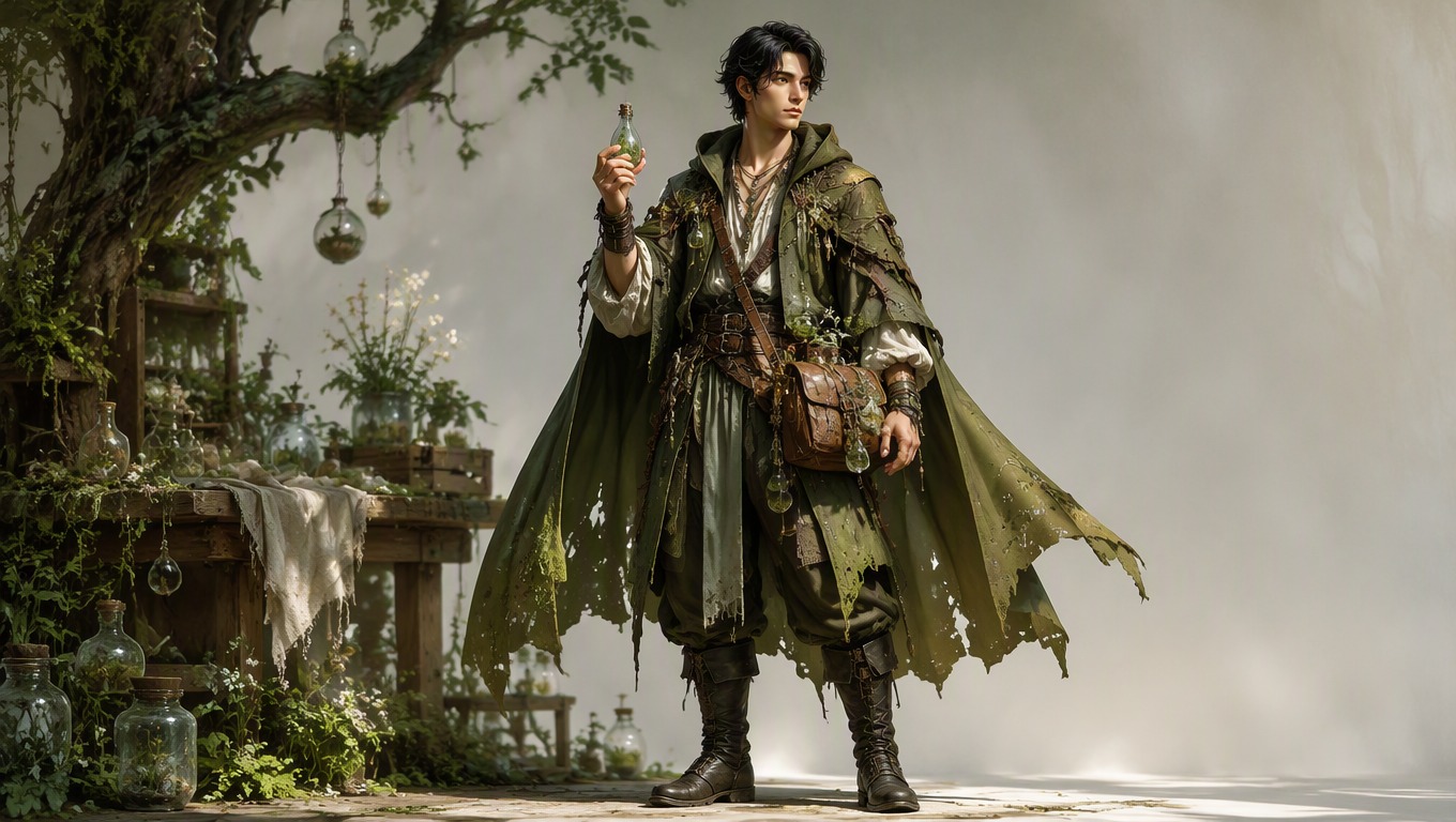 Original fantasy character with coherent costume details in a single studio scene