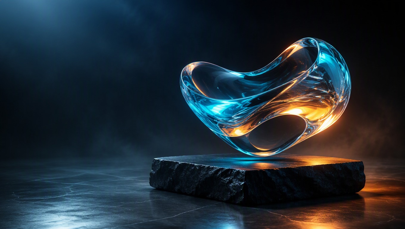 Cinematic abstract image-generation scene with a luminous glass sculpture and natural studio lighting