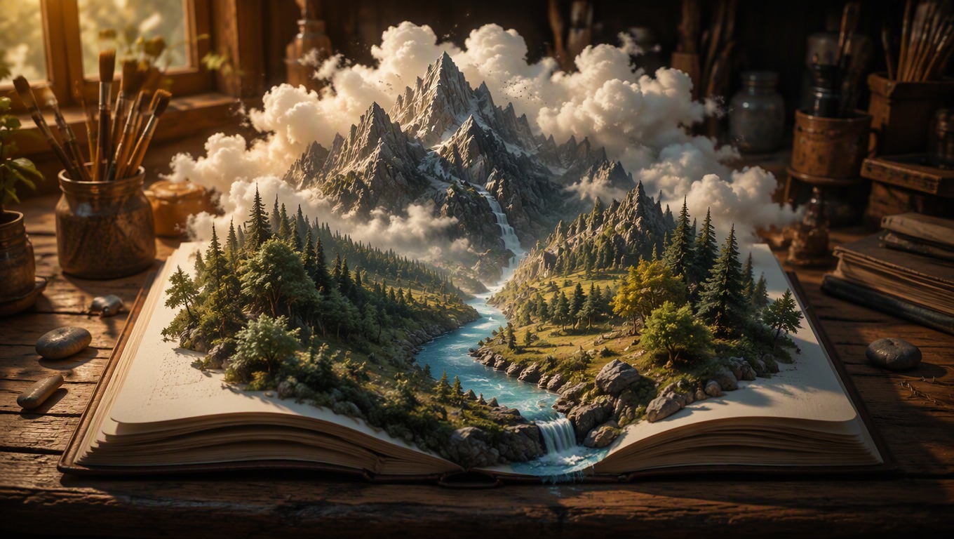 An imaginative single-scene visual showing a detailed prompt becoming a finished image
