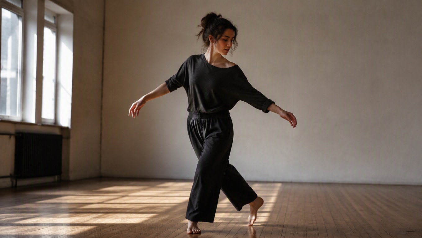 Performer demonstrating continuous movement in one unbranded studio scene