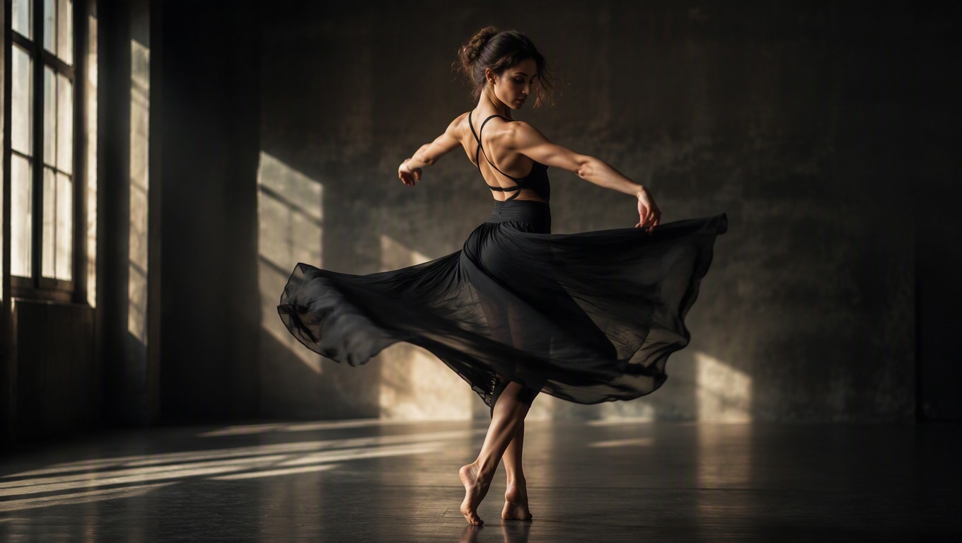 Solo dancer executing choreographed motion in a rehearsal space