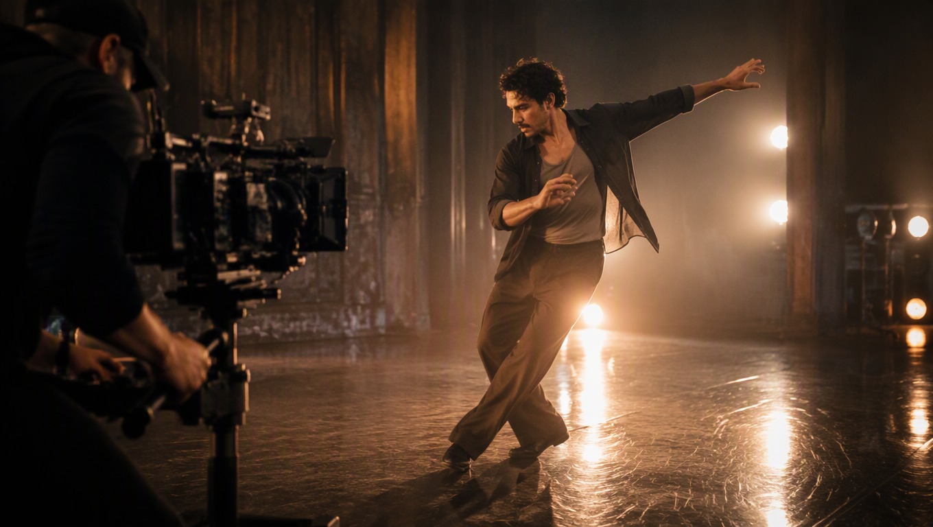Dancer and cinema camera capturing motion for an AI dance replacement workflow