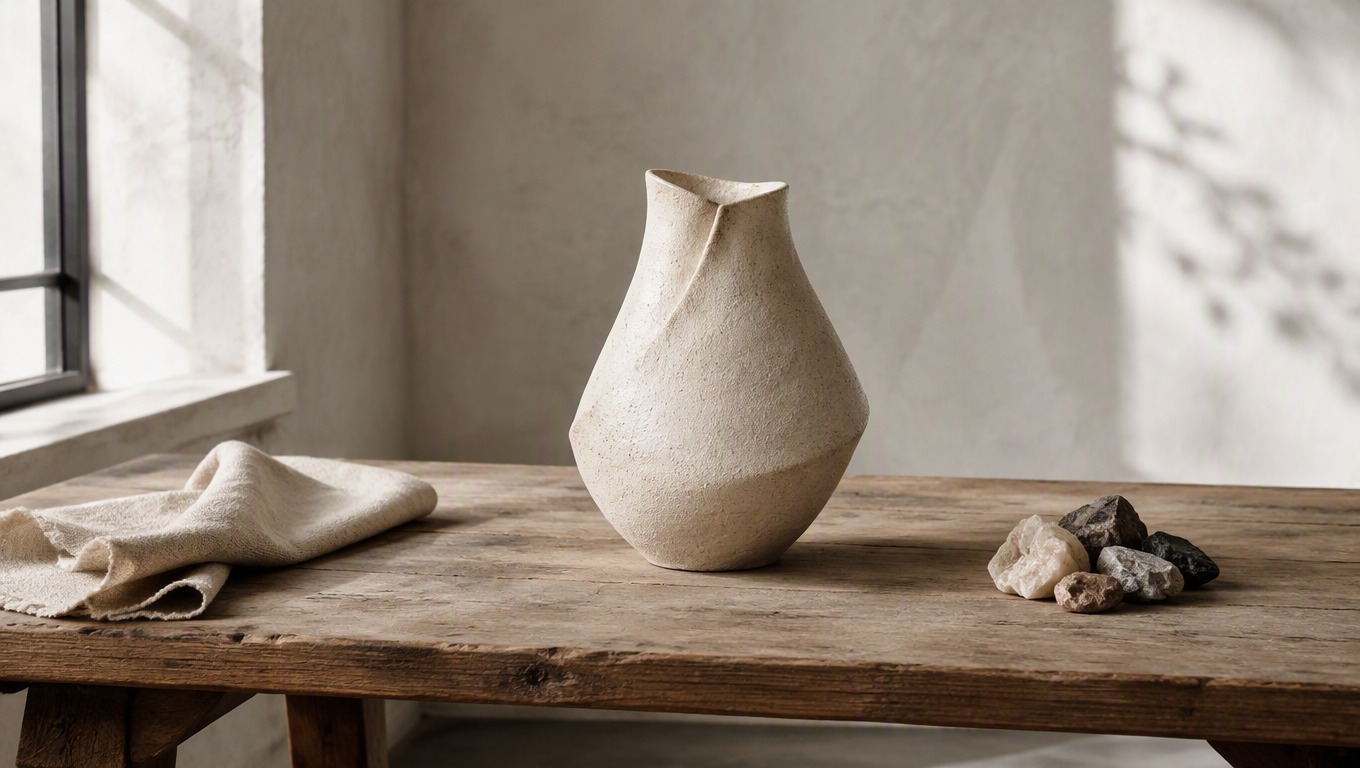 Ceramic vessel guided by textile and mineral references in one artisan studio
