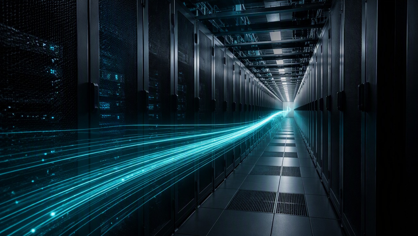 Unbranded data corridor with a continuous light trail representing async delivery