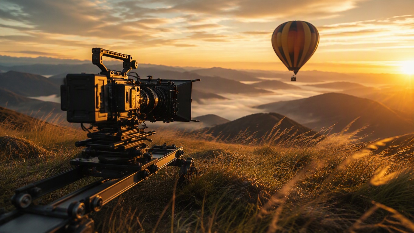 Cinema camera filming a balloon over misty mountains for the Seedance 1.0 Pro Fast API