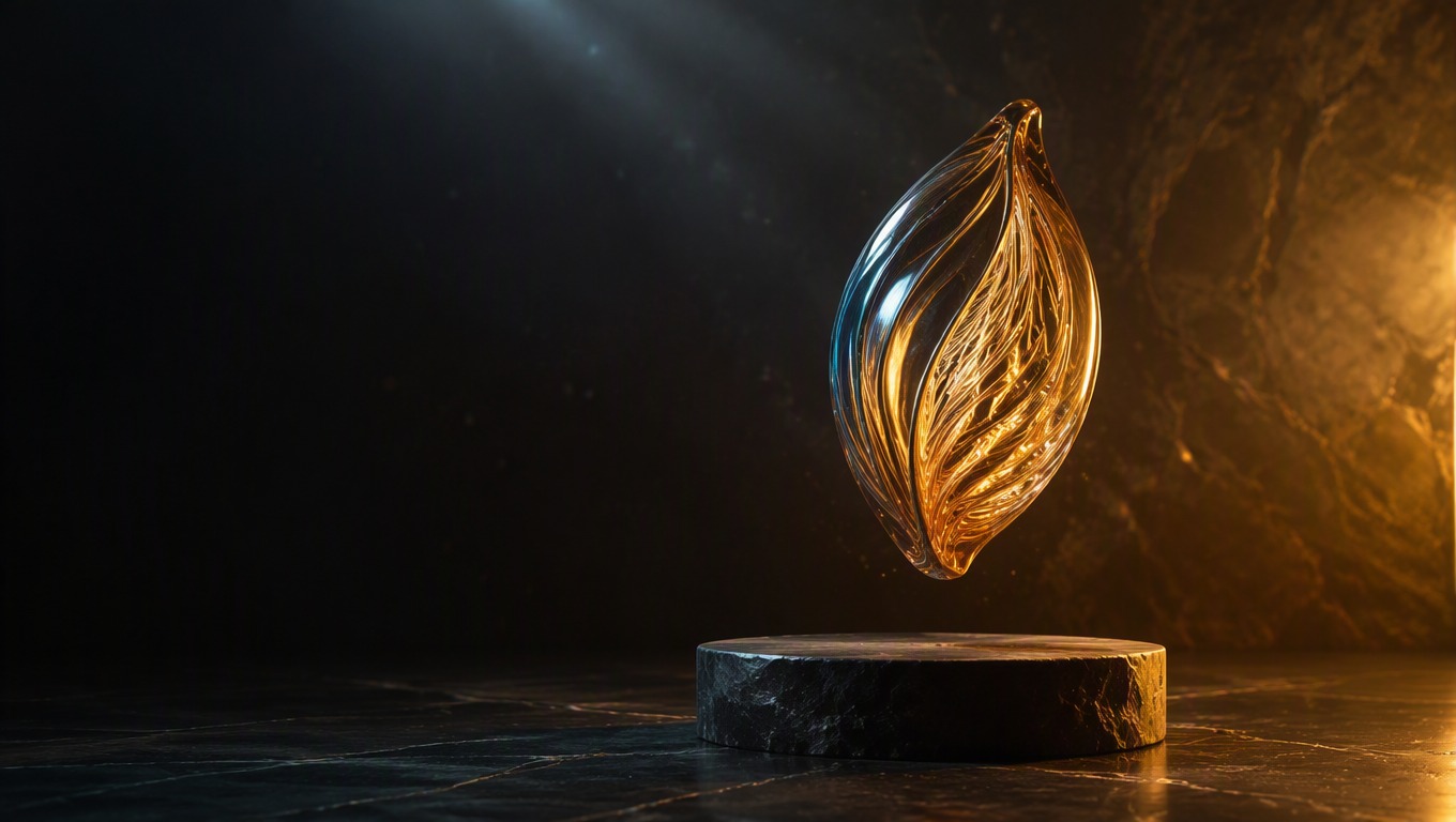 Cinematic generative image studio with sculptural glass forms and warm controlled lighting