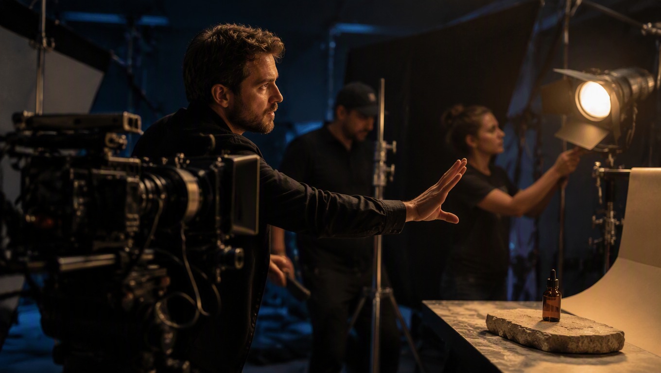 Creator directing a product-film shoot with professional camera and lighting equipment