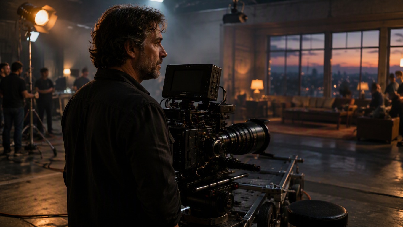 Film director beside a cinema camera on a professionally lit soundstage