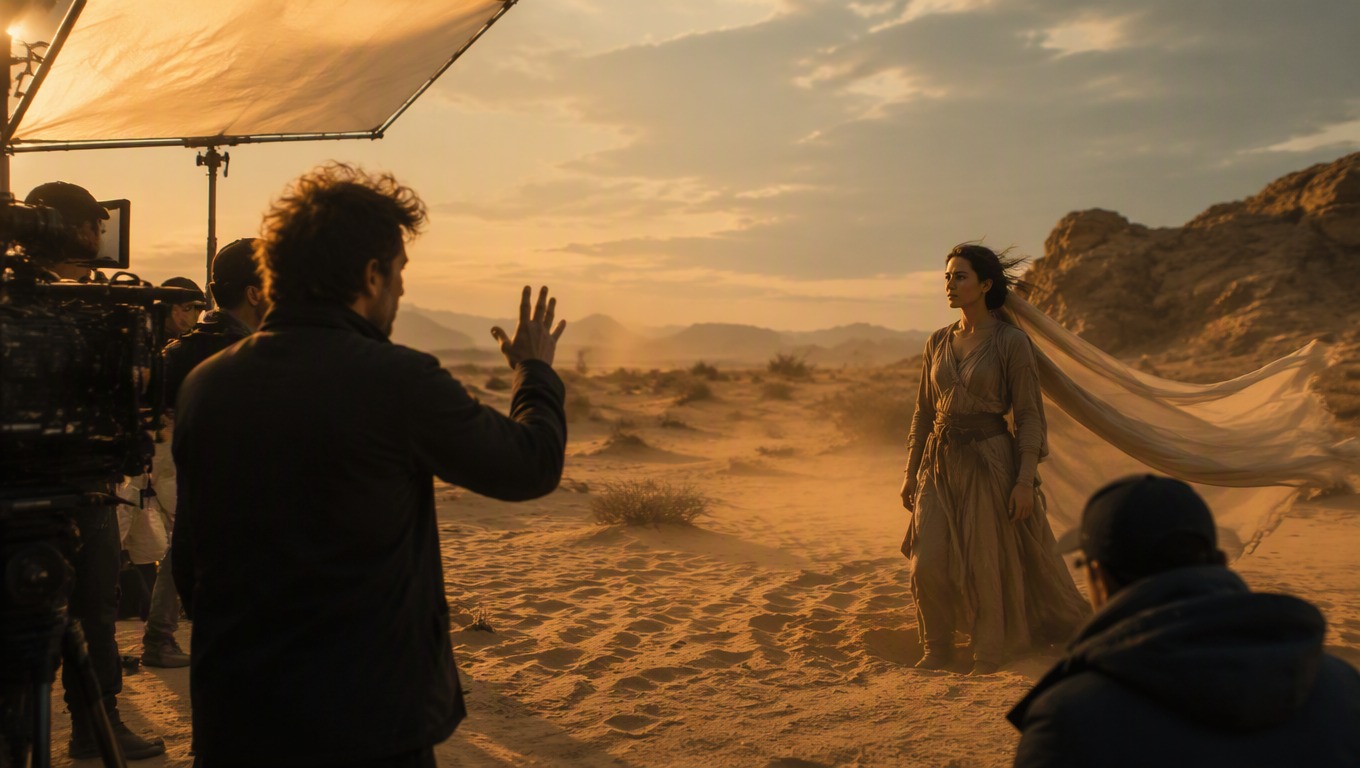 Film director staging a cinematic scene for text-to-video production