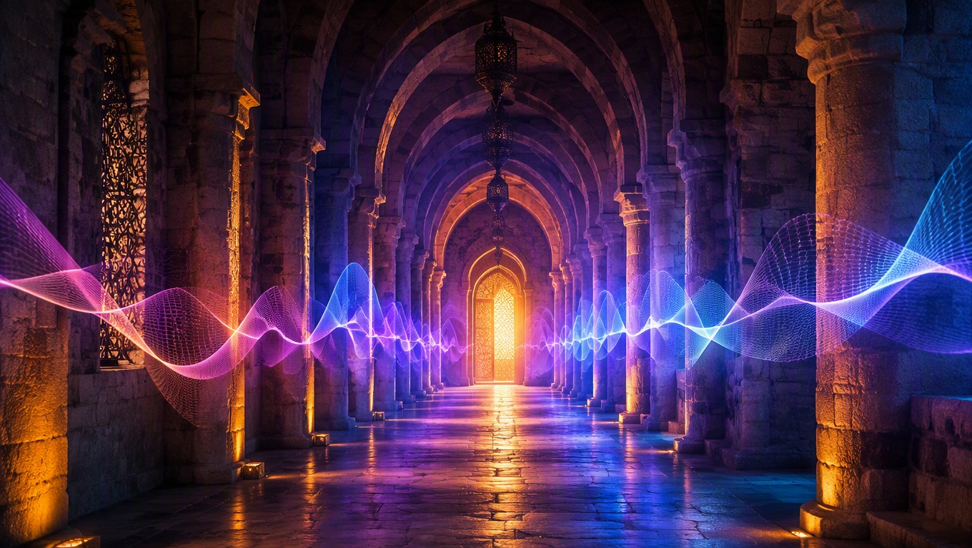Continuous cinematic corridor representing frame-guided motion and audio