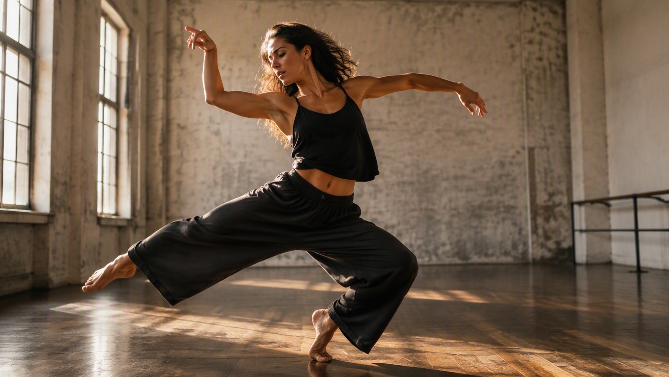 Solo dancer performing a dynamic move in a professional studio