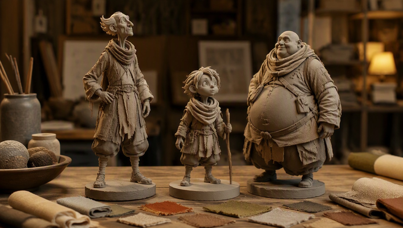 Unbranded character maquettes staged together for visual reference